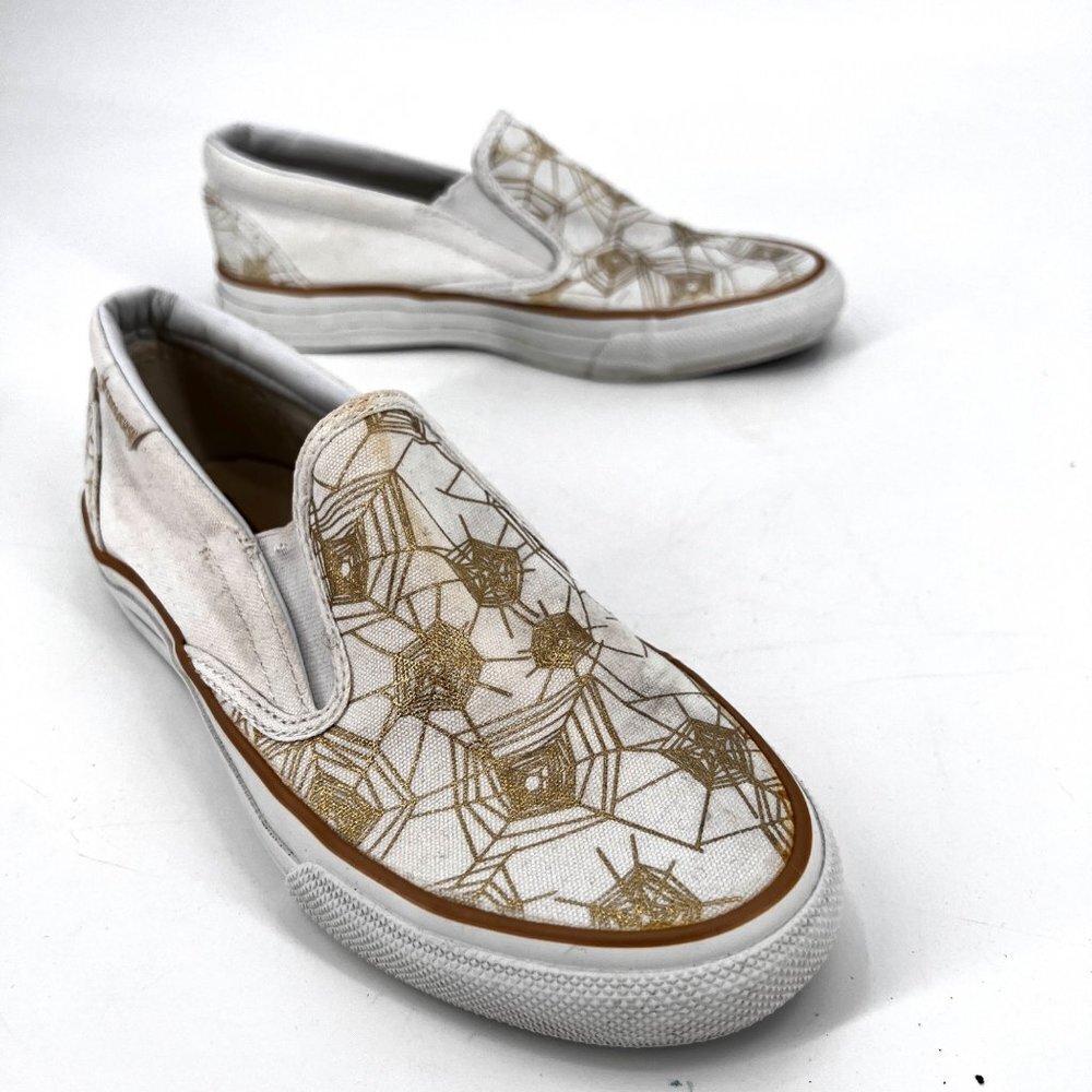 Converse Slip-On Low Top Sneakers White Gold Spider Web Size 8 Halloween Goth‎